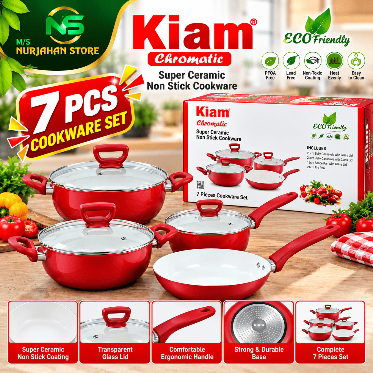 Kiam Chromatic 7 পিস সুপার সিরামিক নন-স্টিক কুকওয়্যার সেট